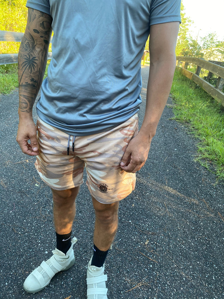MENS 5” SAND CAMO SHORTS  WITH BUILT IN COMPRESSION SHORTS